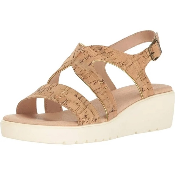 Johnston & Murphy Shoes - Johnston & Murphy Cora Natural Cork Gold Piped Wedge Comfort Cushioned Sandals